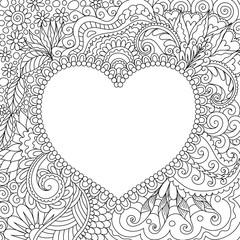Obraz premium Line art design of tones arrange in hearted shape and surrounded by beautiful flowers and leaf for card, print on product,background and coloring book page for adult. Vector illustrations