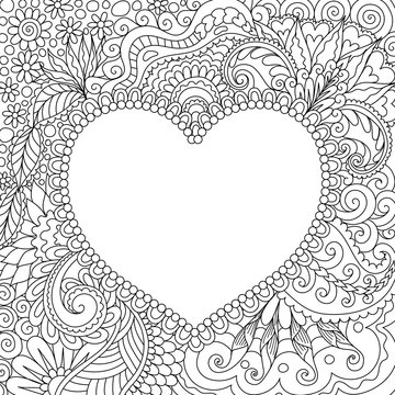 Line art design of tones arrange in hearted shape and surrounded by beautiful flowers and leaf for card, print on product,background and coloring book page for adult. Vector illustrations