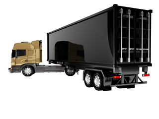 3D rendering of tractor unit with black trailer rear view on white background no shadow