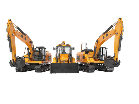 3D rendering orange construction machinery multifunction tractor and crawler excavator on white background no shadow