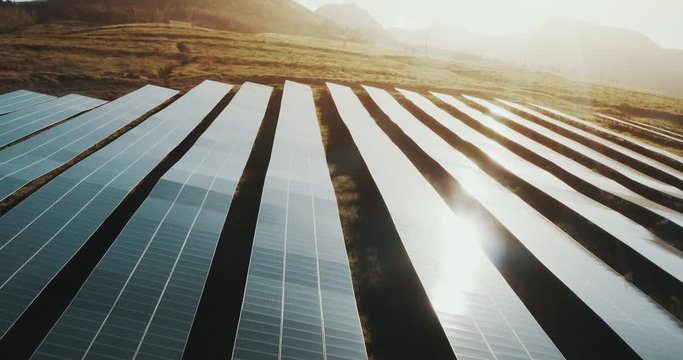 Aerial view looking down on rows of blue solar panels at sunrise, the future of green renewable energy is the solar farm