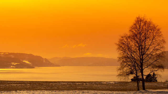 Dramatic light over a fjord in norway, Trondheim , Orkanger