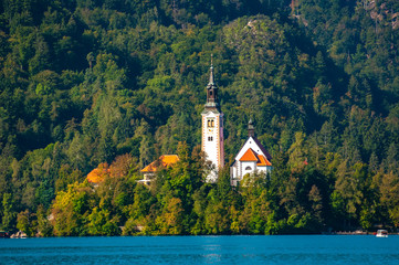 View on the Pilgrimage Church of the Assumption of Maria on the Lake Bled.