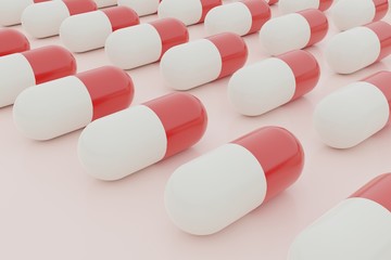 red pills or capsule on bright background, cgi render illustration