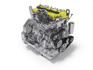 3D rendering yellow diesel engine for car perspective on white background with shadow