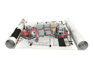3d rendering concept of building plot in the drawings with construction equipment on white background no shadow