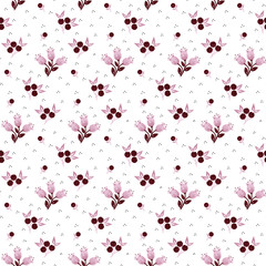 Simple little cute flowers seamless pattern with berries. Floral blooming fabric design.