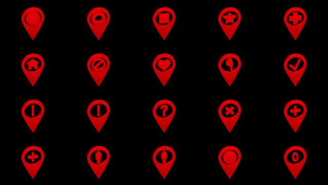 Icon pack of map pins with symbols, animated, alpha channel, 4K 60 fps