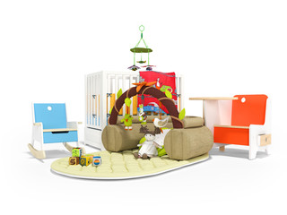 3d rendering concept of childrens room with furniture for small river on white background with shadow