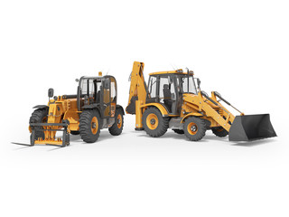 3D rendering orange construction machinery multifunction tractor and telescopic excavator on white background with shadow