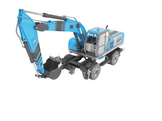 Blue hydraulic wheeled excavator perspective view 3D rendering on white background no shadow