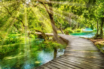 Fototapete Rund Hölzerner Fußweg über den Fluss im Wald des Nationalparks Krka, Kroatien. Schöne Szene mit Bäumen, Wasser und Sonnenstrahlen. © Julia Lavrinenko