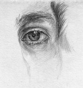 Close-up picture of the human eye. Pencil drawing on white paper.