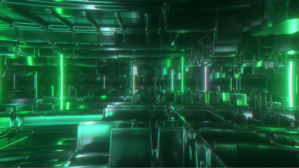 Flying in a technological abstract space with luminous neon tubes. Cyberpunk style. Modern green spectrum of light. 3d illustration