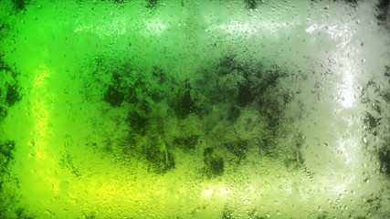 A bright neon rectangle flashes through a foggy window. Drop of water on the window. 3d illustration