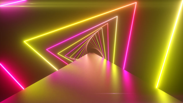 Flying through glowing rotating neon triangles creating a tunnel, blue red pink violet spectrum, fluorescent ultraviolet light, modern colorful lighting, 3d illustration © flashmovie