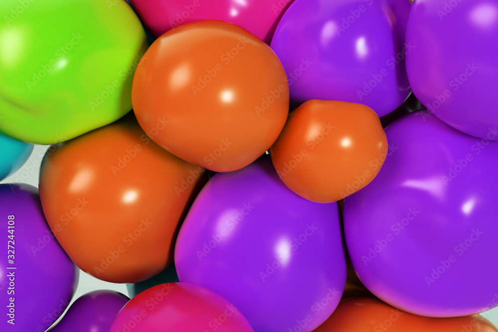 Poster abstract multicolored squishy balls move and interact with each other with internal pressure trying 