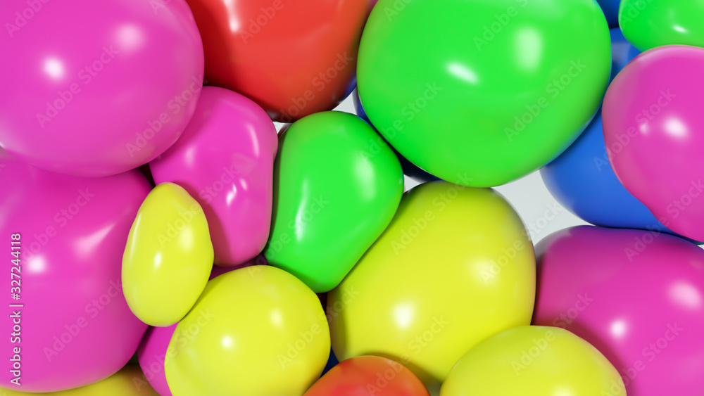 Poster abstract multicolored squishy balls move and interact with each other with internal pressure trying 