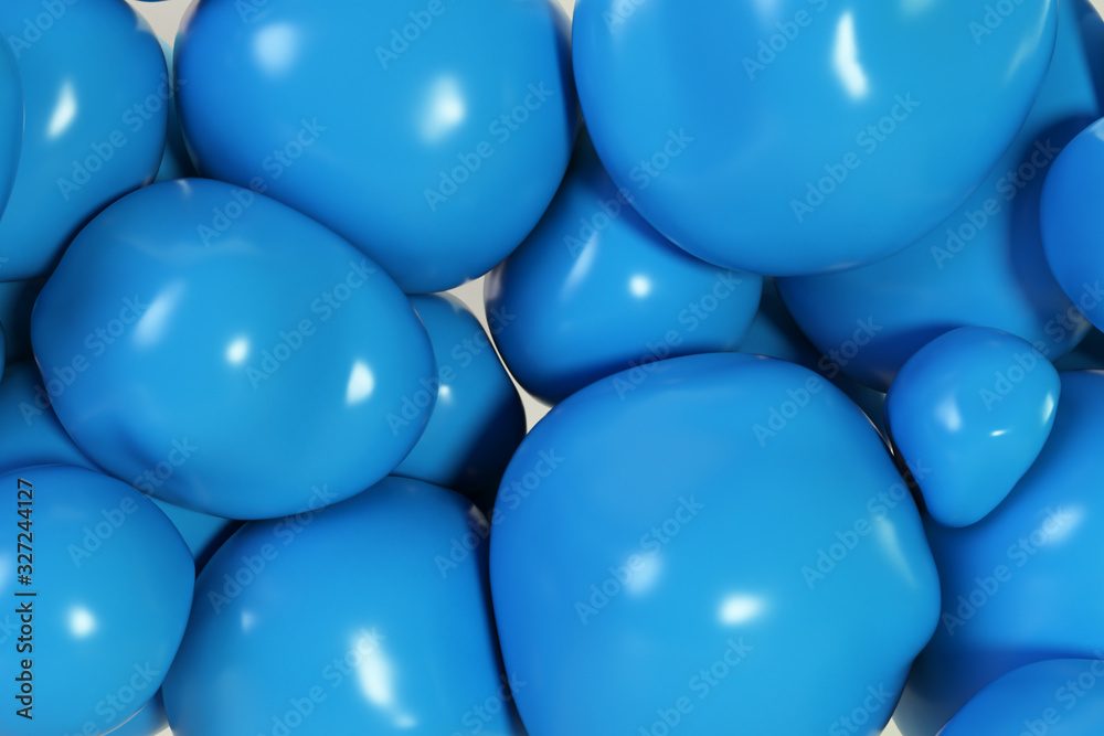 Poster abstract colorful blue squishy balls move and interact with each other with internal pressure trying