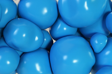 Abstract colorful blue squishy balls move and interact with each other with internal pressure trying to find a place for themselves.