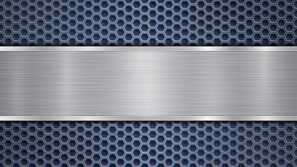 Background of blue perforated metallic surface with holes and horizontal silver polished plate with a metal texture, glares and shiny edges