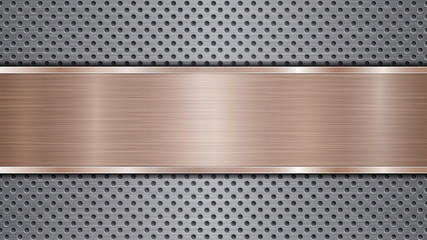 Background of silver perforated metallic surface with holes and horizontal bronze polished plate with a metal texture, glares and shiny edges