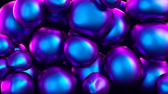 Abstract colorful squishy balls move and interact with each other with internal pressure trying to find a place for themselves. Modern ultraviolet color spectrum light.