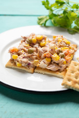 Tuna salad with mayonnaise on turquoise background