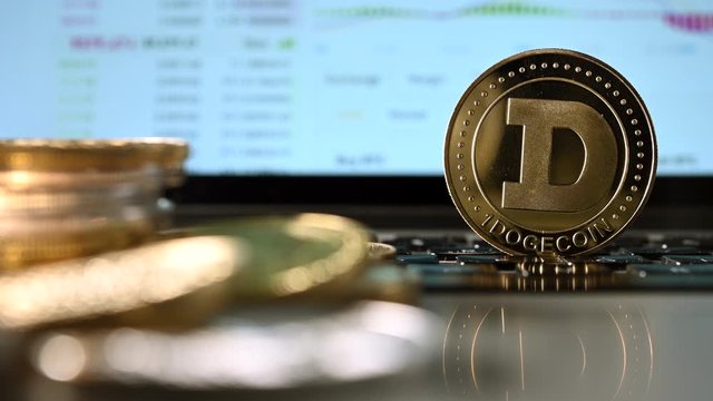 Dogecoin Coins.. Close Up Shot Of Digital Currency Portrayed As Tangible Coins. 