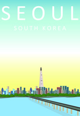 Flat Illustration. Awesome city view on Olympic bridge, Seoul. Enjoy the travel. Around the world. Quality vector poster. South Korea