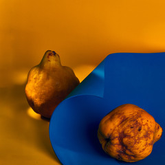 Ripe yellow quince fruits on contrast background
