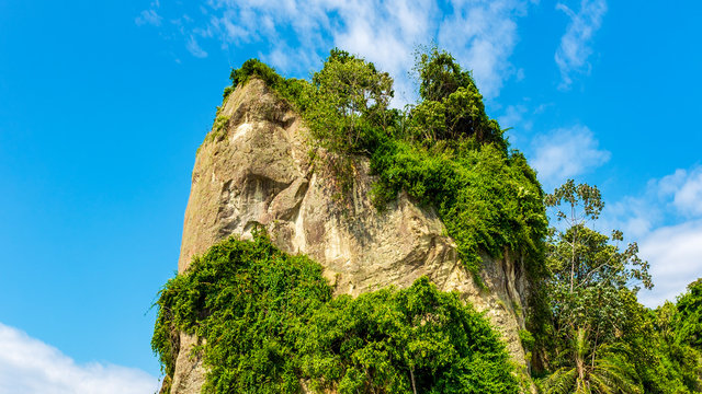 Huge Rock with Plants Around it in the Pacific Ocean in Front of the Tumaco Beach
