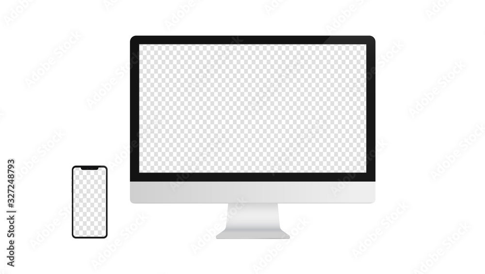 Fototapete Desktop computer and smartphone with transparent screen. Monitor and screen to use as template in mockup or presentation. Realistic vector illustration.