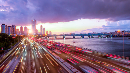  Traffic at Sunset of Seoul City South Korea