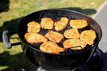 beautiful grilled roast meat grilled on the street on a black metal grill on burning coals, picnic concept, close-up