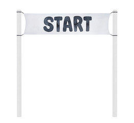 Watercolour illustration of Start Banner on tall white poles. Hand drawn painting, cut out clipart detail for creative design, print, promotion template, composition, invitation, outdoor decoration.