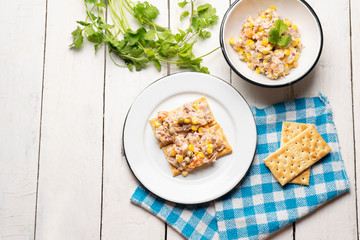 Tuna salad with mayonnaise on white background