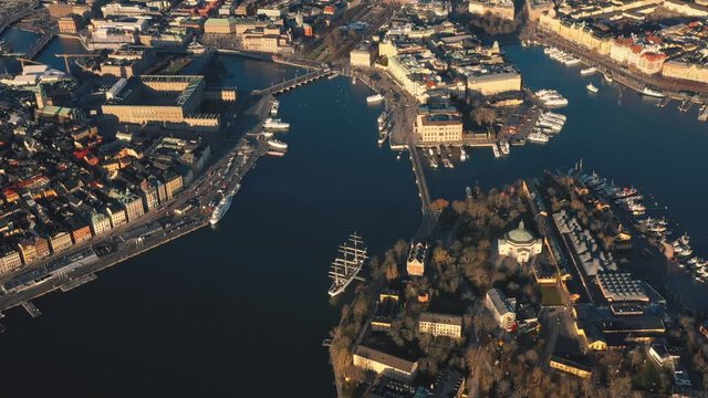 STOCKHOLM, SWEDEN - FEBRUARY, 2020: Aerial view of Stockholm city centre Gamla stan. Flying over buildings in old town.