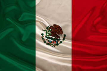 photo of the national flag of the state of mexico on a luxurious texture of satin, silk with waves, folds and highlights, close-up, copy space, illustration