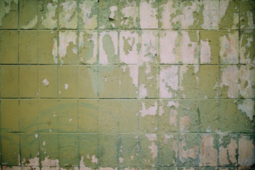 Flaky old green paint, tile wall