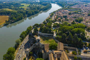 Aerial townscape view of Avignon city by the Rhone river