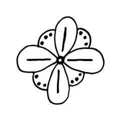 Set of flat flower icons in silhouette isolated and love lettering. Simple retro designs in black and white.