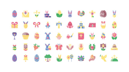 happy easters day icons set, flat style and colorful design