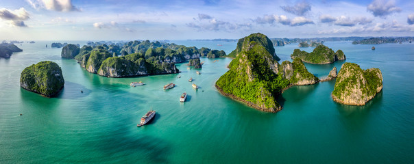 Aerial view Vung Vieng floating fishing village and rock island, Halong Bay, Vietnam, Southeast...