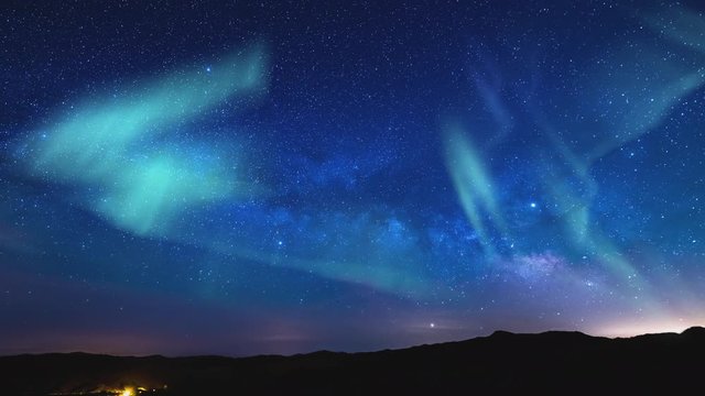 Aurora Borealis Milky Way Rise Time Lapse Southeast Sky Wide Shot Simulated Northern Lights