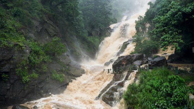 4k video of mountain river got overflood during heavy rain in mountains