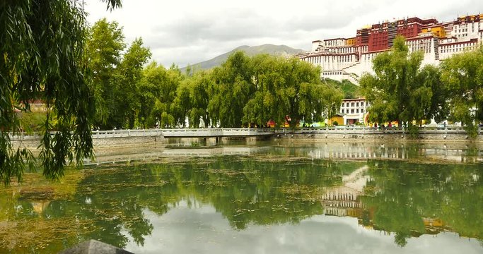 4k Potala reflection on lake in Lhasa park-Tibet.lake with willow.