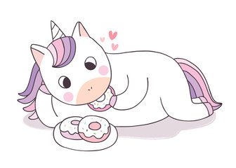 Cartoon cute Unicorn eating sweet doghnut vector.