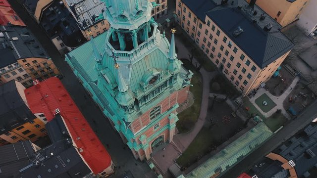 STOCKHOLM, SWEDEN - FEBRUARY, 2020: Aerial view of cathedral in Stockholm old city centre Gamla stan.