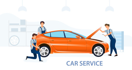 Team of mechanics servicing a colorful orange vehicle in a workshop or service garage changing a wheel and working under the hood, vector illustration